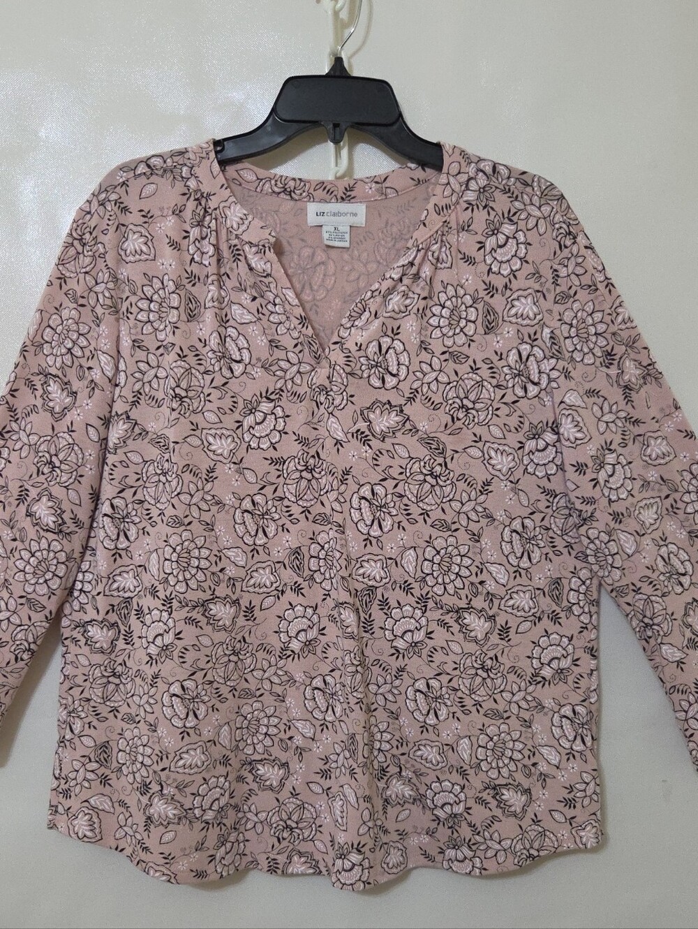 Liz Claiborne Blush Pink Floral V-Neck Pullover Knit Blouse - Size XL